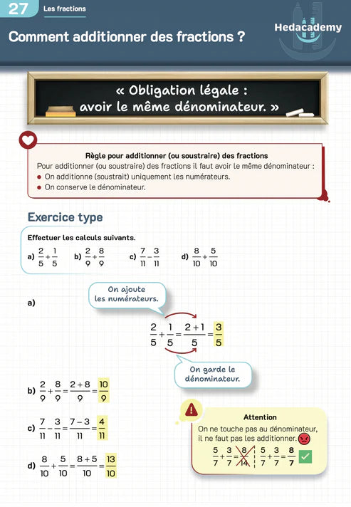Exemple de fiche Hedacademy — additionner des fractions